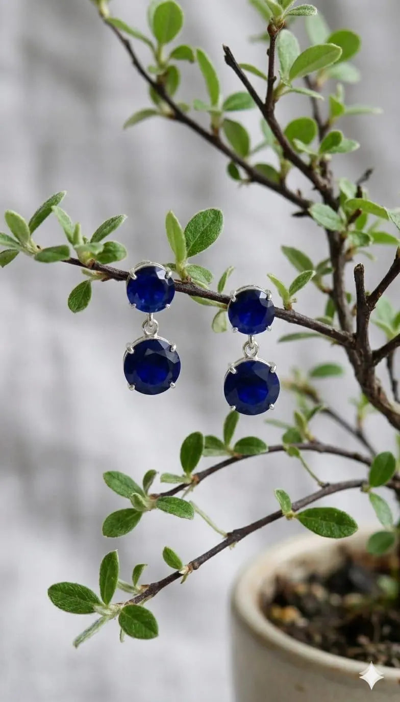 Blue Sapphire Drop Earrings, 925 Sterling Silver Dangle Earrings, Round Blue Gemstone Earrings, September Birthstone Jewelry, Gift for Her