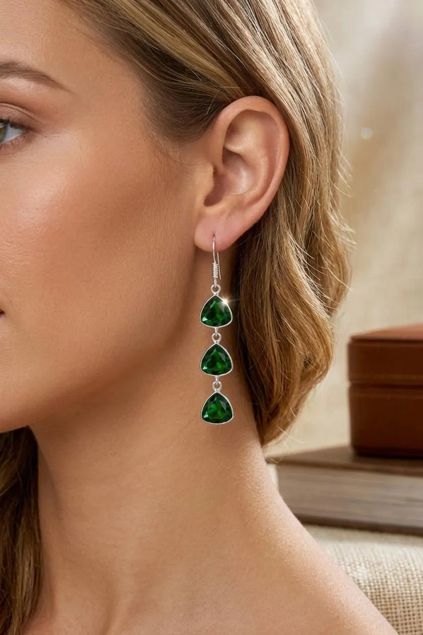 Emerald Green Trillion Dangle Earrings, 925 Sterling Silver Drop Earrings, Handmade Gemstone Earrings, Bridal Jewelry Gift for Her, Statement Earrings