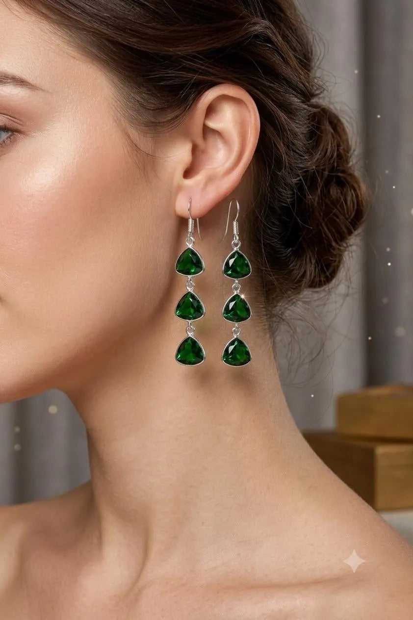 Emerald Green Trillion Dangle Earrings, 925 Sterling Silver Drop Earrings, Handmade Gemstone Earrings, Bridal Jewelry Gift for Her, Statement Earrings