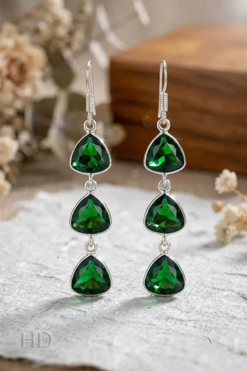 Emerald Green Trillion Dangle Earrings, 925 Sterling Silver Drop Earrings, Handmade Gemstone Earrings, Bridal Jewelry Gift for Her, Statement Earrings