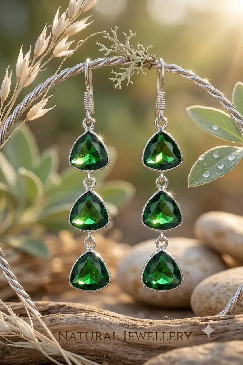 Emerald Green Trillion Dangle Earrings, 925 Sterling Silver Drop Earrings, Handmade Gemstone Earrings, Bridal Jewelry Gift for Her, Statement Earrings