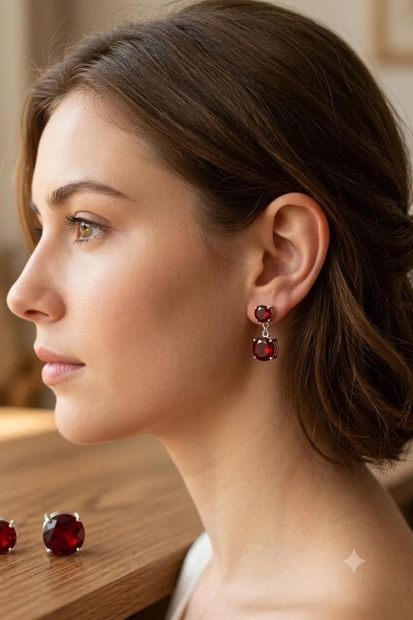 Ruby Double Stud Earrings, 925 Sterling Silver Earrings, Red Gemstone Earrings, Handmade Dangle Studs, Minimalist Jewelry, Gift for Her, July Birthstone