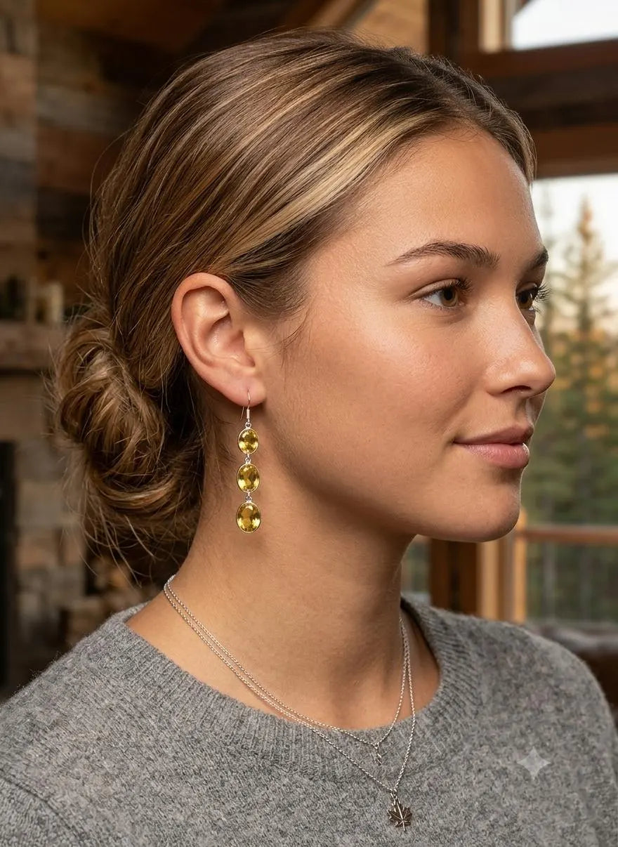 Genuine Handicrafted 925 Sterling Silver Triple Yellow Stone Dangle Earrings