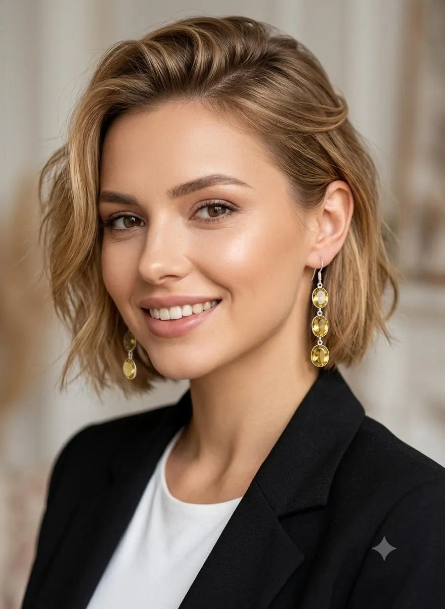 Genuine Handicrafted 925 Sterling Silver Triple Yellow Stone Dangle Earrings