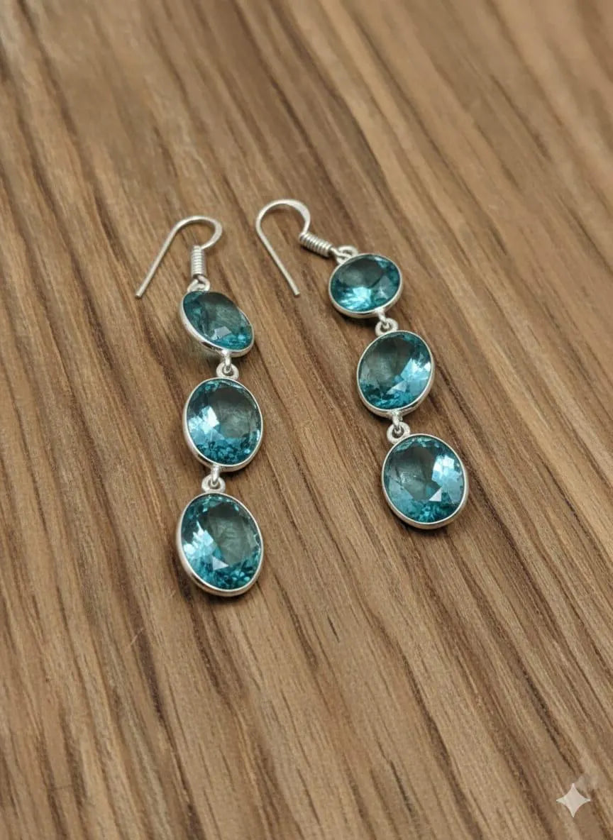 Blue Topaz Dangle Earrings, 925 Sterling Silver Earrings, Triple Oval Gemstone Earrings, Handmade Drop Earrings, December Birthstone Gift for Her, Bridal Jewelry