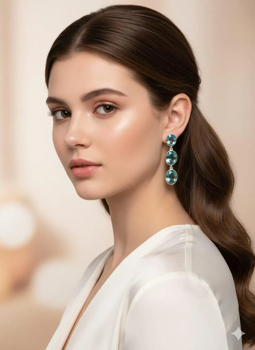 Blue Topaz Dangle Earrings, 925 Sterling Silver Earrings, Triple Oval Gemstone Earrings, Handmade Drop Earrings, December Birthstone Gift for Her, Bridal Jewelry