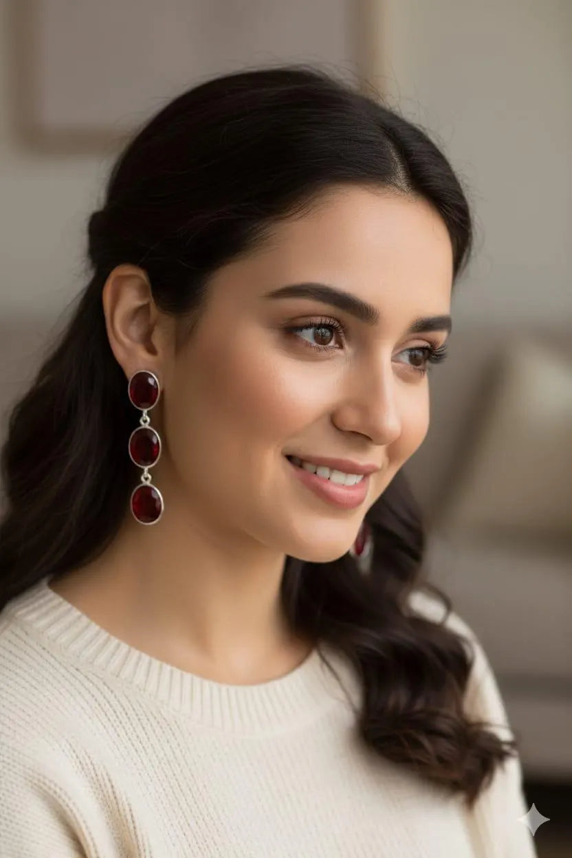 Luxury Handmade 925 Sterling Silver Red Crystal Dangle Earrings