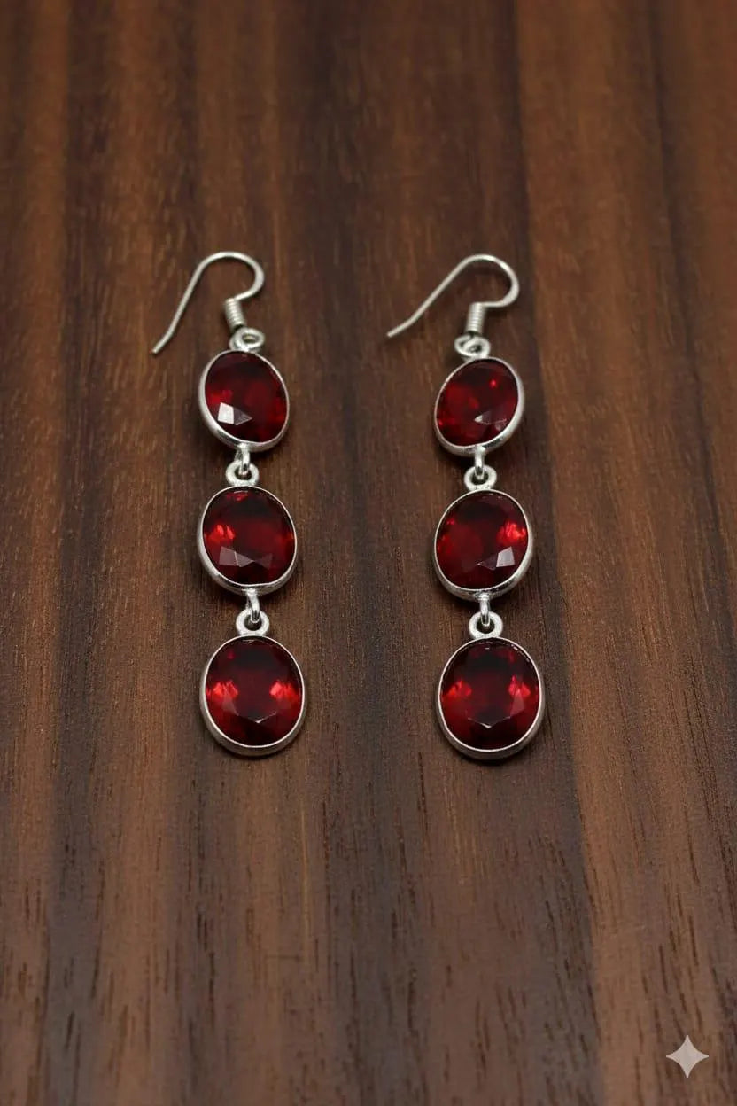 Luxury Handmade 925 Sterling Silver Red Crystal Dangle Earrings