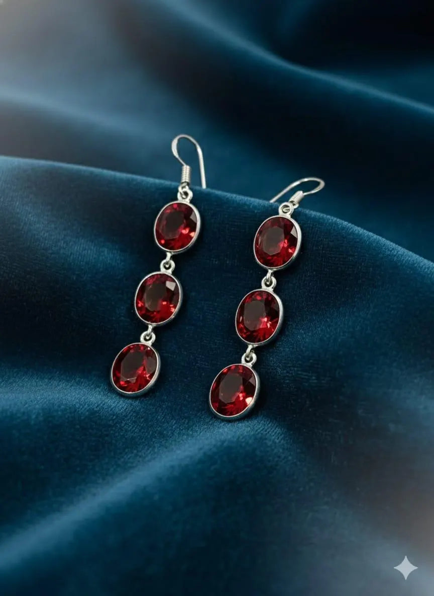 Luxury Handmade 925 Sterling Silver Red Crystal Dangle Earrings