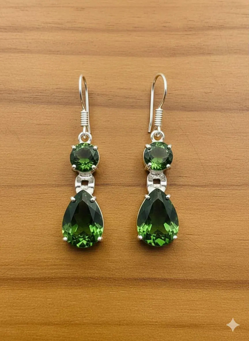 Handcrafted 925 Sterling Silver Drop Earrings with Deep Green Gemstones – Elegant Luxury Jewelry
