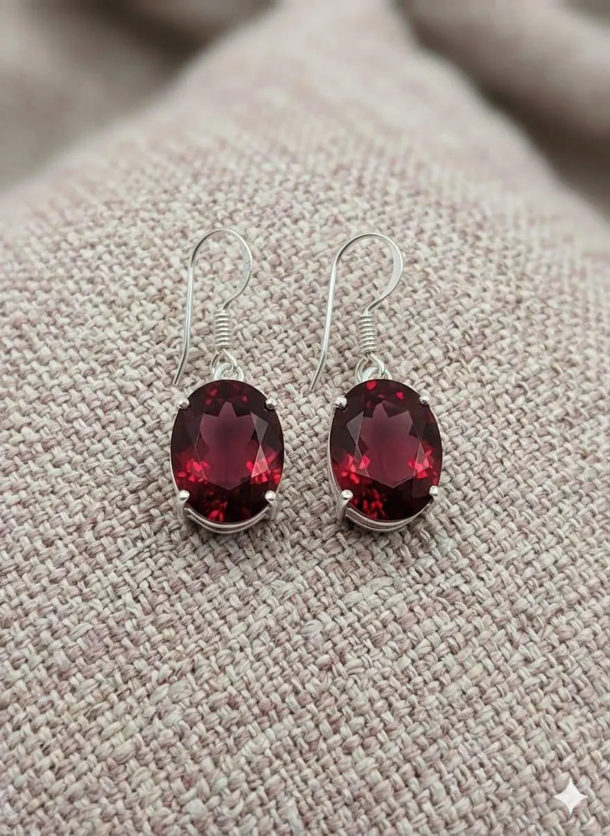 Handcrafted 925 Sterling Silver Garnet Earrings | Luxury Red Gemstone Dangle Earrings