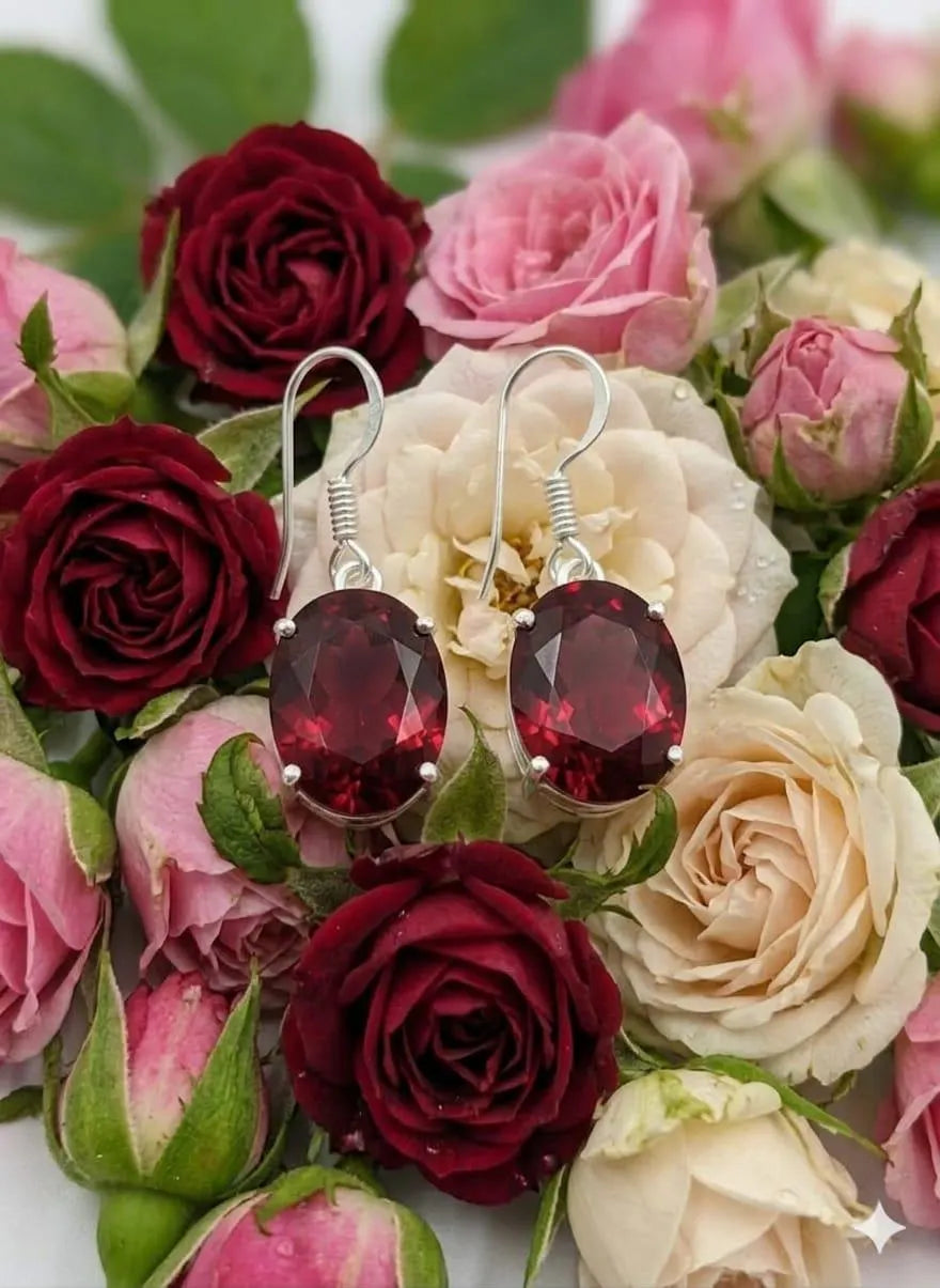 Handcrafted 925 Sterling Silver Garnet Earrings | Luxury Red Gemstone Dangle Earrings
