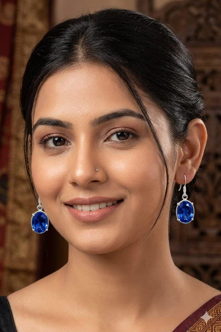 Handcrafted 925 Sterling Silver Blue Sapphire Crystal Dangle Earrings | Luxury Gift for Women