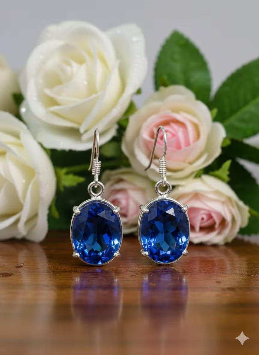 Handcrafted 925 Sterling Silver Blue Sapphire Crystal Dangle Earrings | Luxury Gift for Women