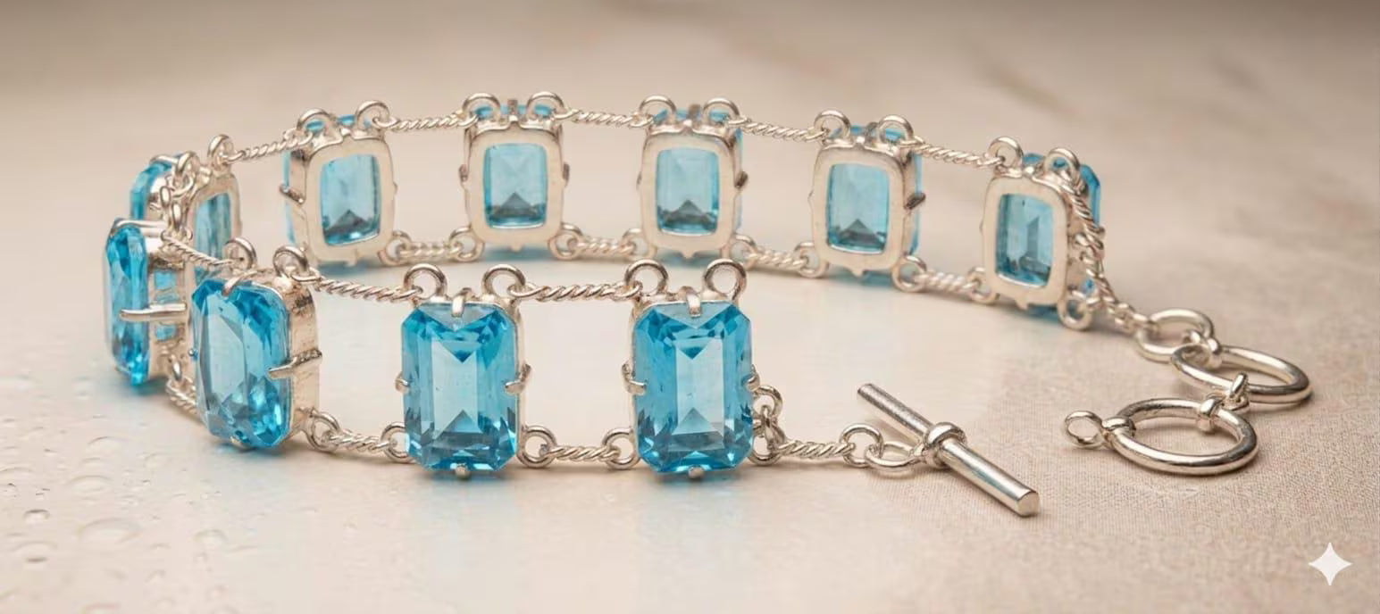 Handcrafted 925 Sterling Silver Bracelet, Luxury Fashion Jewelry with Radiant Blue Stones
