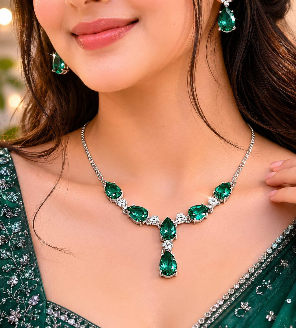 Premium Handcrafted 925 Sterling Silver Necklace with Emerald Green Pear-Cut Stones