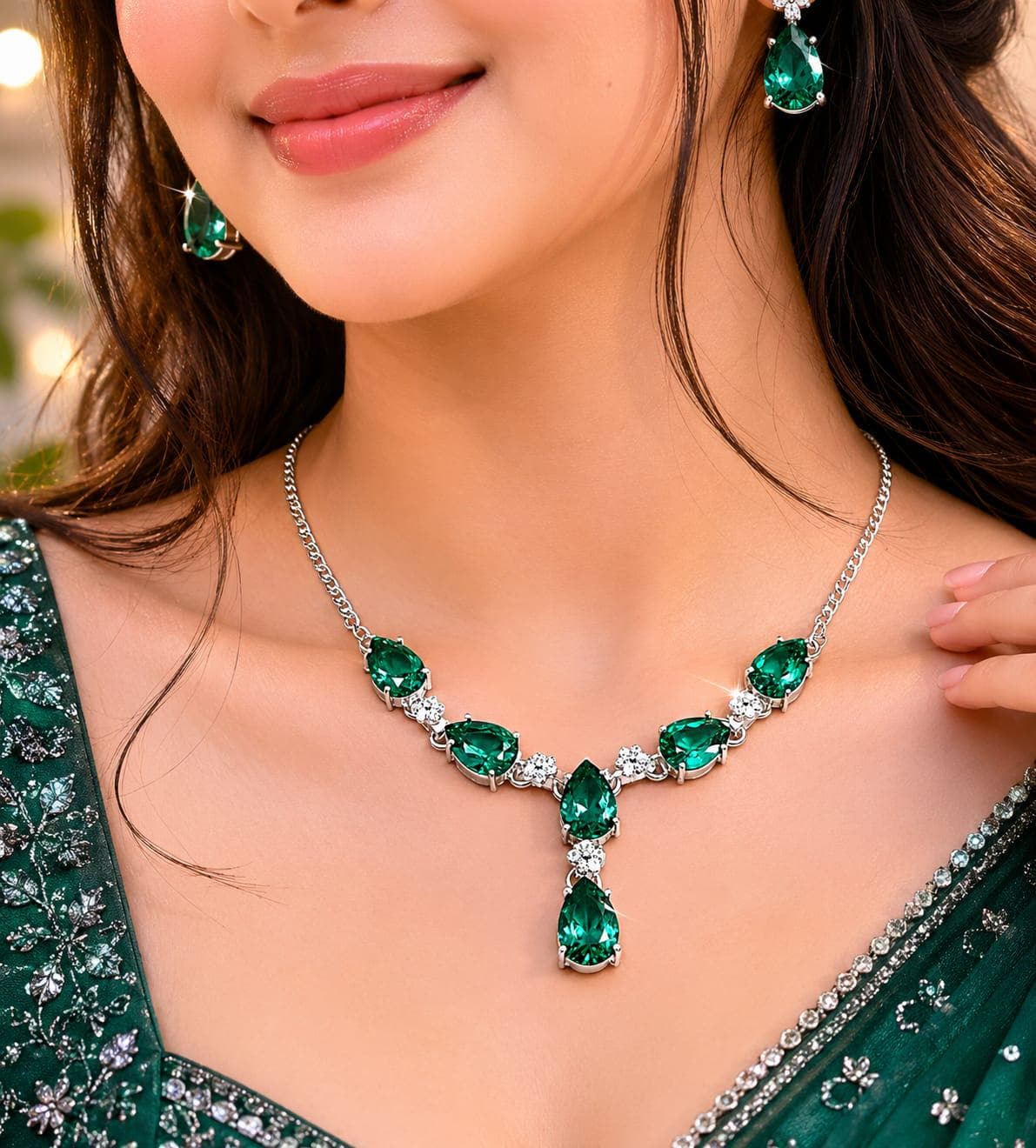 Premium Handcrafted 925 Sterling Silver Necklace with Emerald Green Pear-Cut Stones