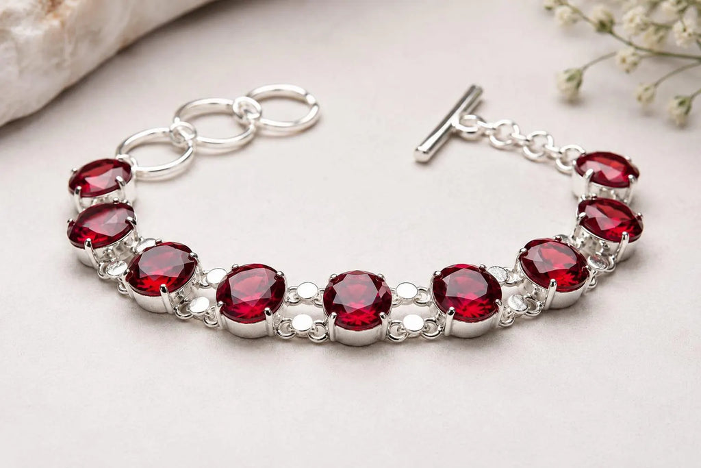 Handcrafted 925 Sterling Silver Bracelet with Red Gemstones | Premium Luxury Jewelry