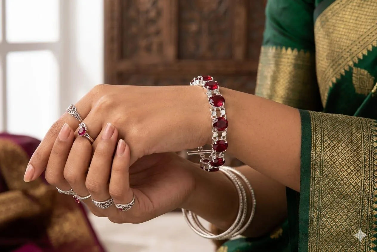Handcrafted 925 Sterling Silver Bracelet with Red Gemstones | Premium Luxury Jewelry