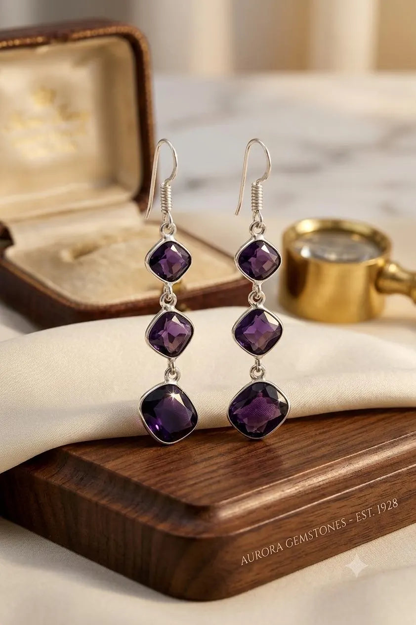 Premium Handcrafted Luxury Genuine 925 Sterling Silver Amethyst Dangle Earrings – Elegant Purple Gemstone Drop Earrings for Women