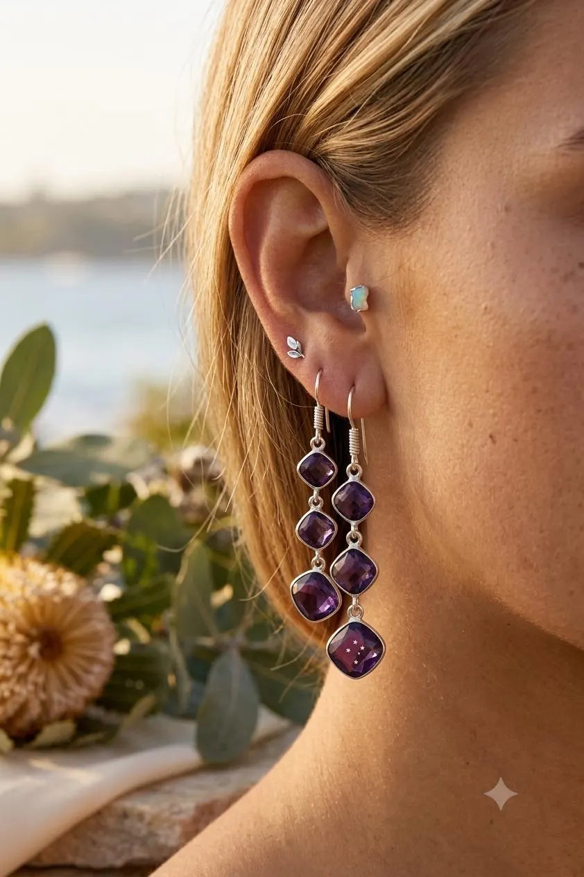 Premium Handcrafted Luxury Genuine 925 Sterling Silver Amethyst Dangle Earrings – Elegant Purple Gemstone Drop Earrings for Women