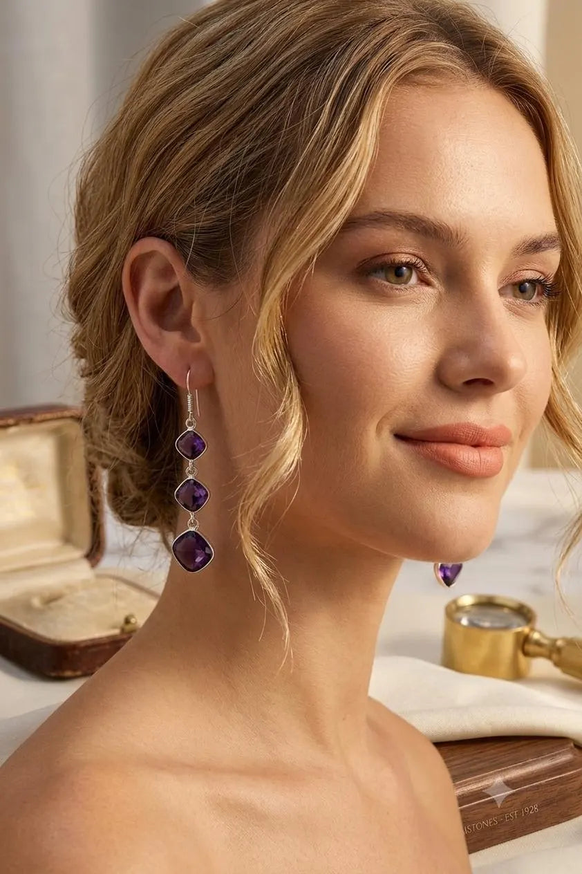 Premium Handcrafted Luxury Genuine 925 Sterling Silver Amethyst Dangle Earrings – Elegant Purple Gemstone Drop Earrings for Women