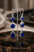 Blue Sapphire Drop Earrings, 925 Sterling Silver Dangle Earrings, Three Stone Earrings, September Birthstone Jewelry, Handmade Gift for Her