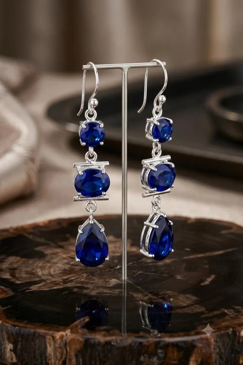 Blue Sapphire Drop Earrings, 925 Sterling Silver Dangle Earrings, Three Stone Earrings, September Birthstone Jewelry, Handmade Gift for Her