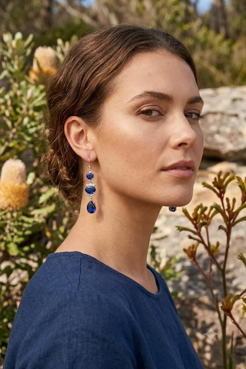Blue Sapphire Drop Earrings, 925 Sterling Silver Dangle Earrings, Three Stone Earrings, September Birthstone Jewelry, Handmade Gift for Her