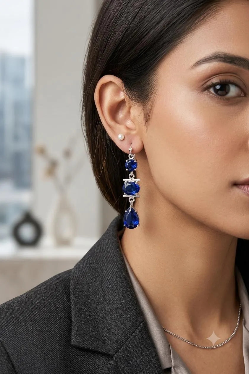 Blue Sapphire Drop Earrings, 925 Sterling Silver Dangle Earrings, Three Stone Earrings, September Birthstone Jewelry, Handmade Gift for Her