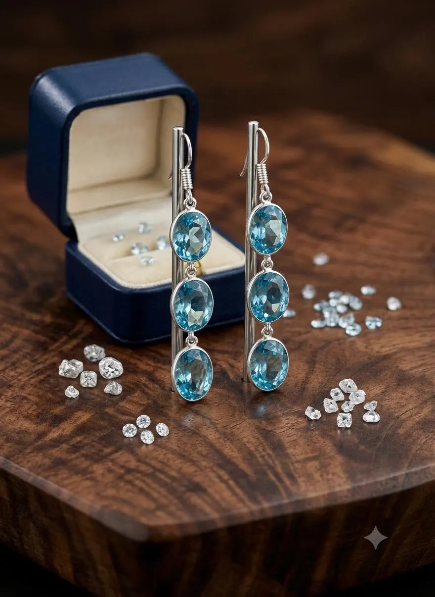 Blue Topaz Dangle Earrings, 925 Sterling Silver Earrings, Triple Oval Gemstone Earrings, Handmade Drop Earrings, December Birthstone Gift for Her, Bridal Jewelry