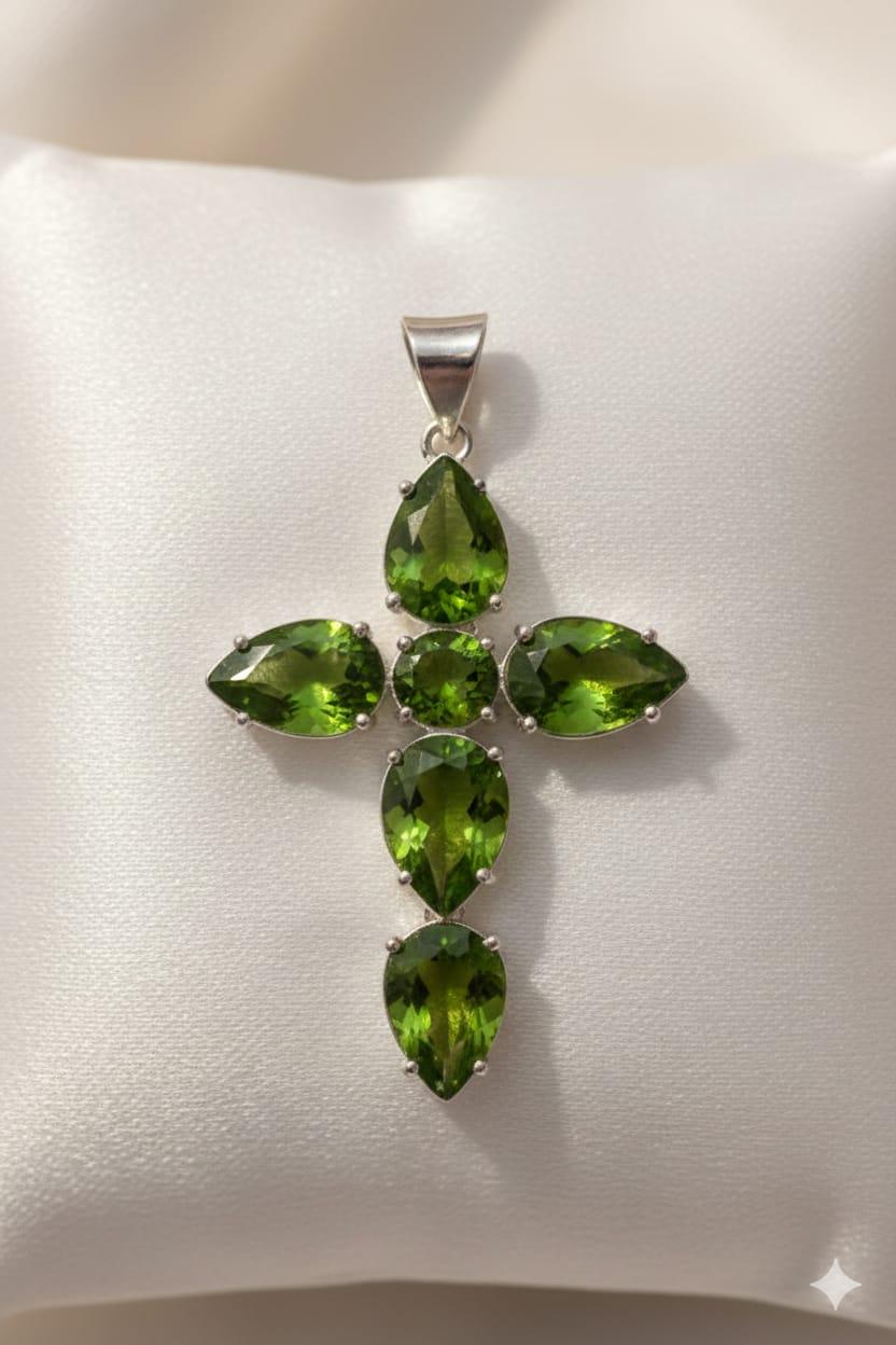 Premium Handcrafted 925 Sterling Silver Green Peridot Cross Pendant | Luxury Gemstone Jewelry