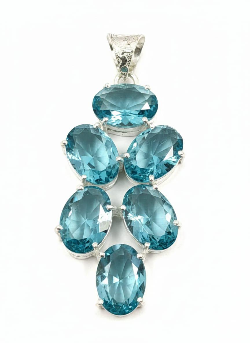 Luxury Minimalist 925 Silver Pendant, Handcrafted Artisan Jewelry with Faceted Blue Stones