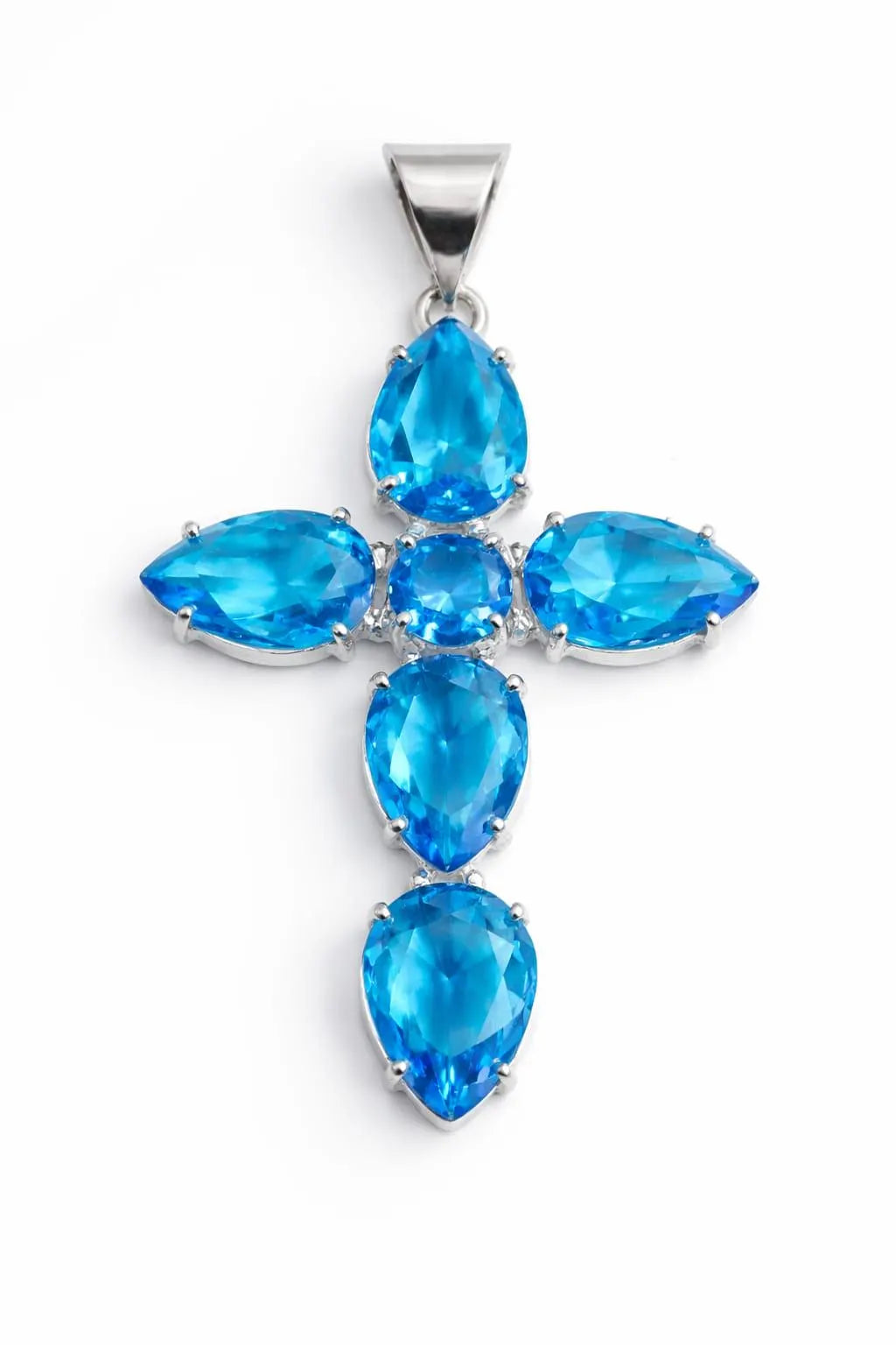 "Handcrafted 925 Sterling Silver Cross Pendant with Pear-Cut Blue Gemstones – Luxury Statement Necklace"