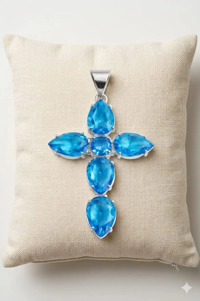 "Handcrafted 925 Sterling Silver Cross Pendant with Pear-Cut Blue Gemstones – Luxury Statement Necklace"