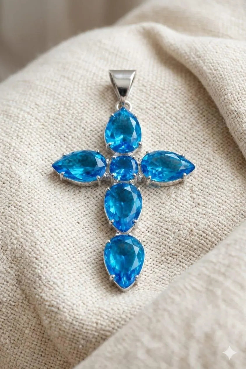"Handcrafted 925 Sterling Silver Cross Pendant with Pear-Cut Blue Gemstones – Luxury Statement Necklace"