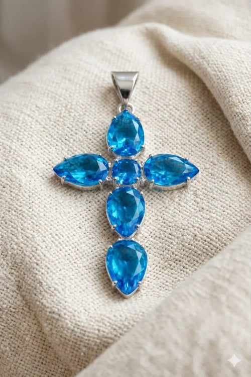 "Handcrafted 925 Sterling Silver Cross Pendant with Pear-Cut Blue Gemstones – Luxury Statement Necklace"