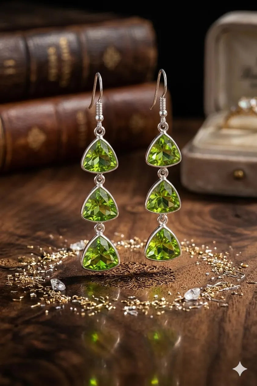 Genuine 925 Silver Artisan Jewelry – Luxury Green Peridot Trillion Teardrop Earrings