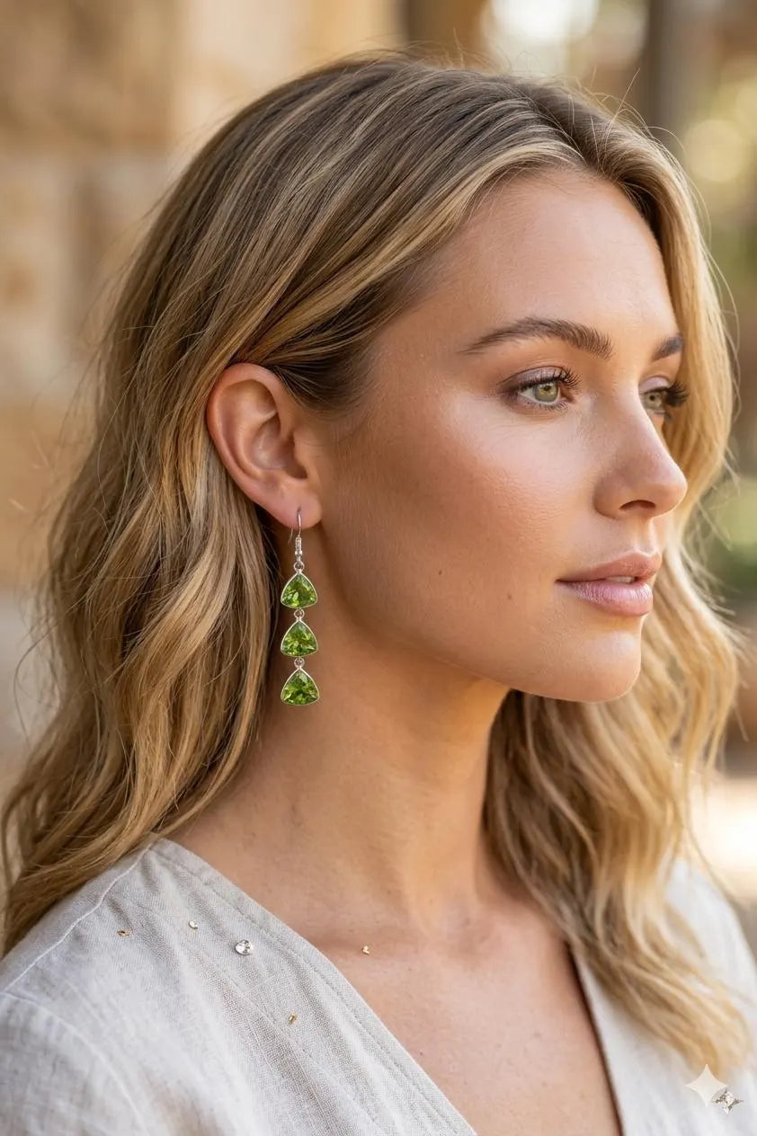 Genuine 925 Silver Artisan Jewelry – Luxury Green Peridot Trillion Teardrop Earrings