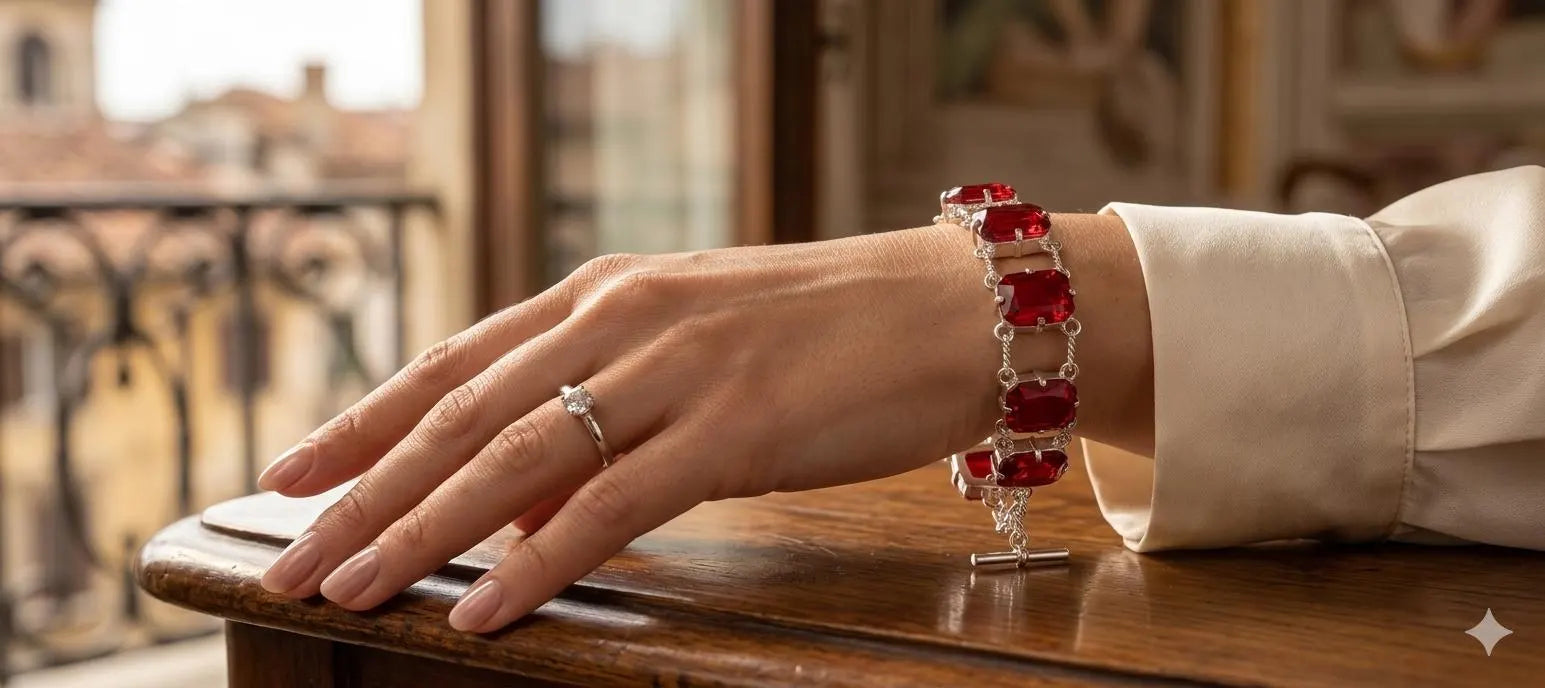 Handmade Luxury 925 Silver Bracelet – Elegant Rectangular Red Stone Designer Jewelry