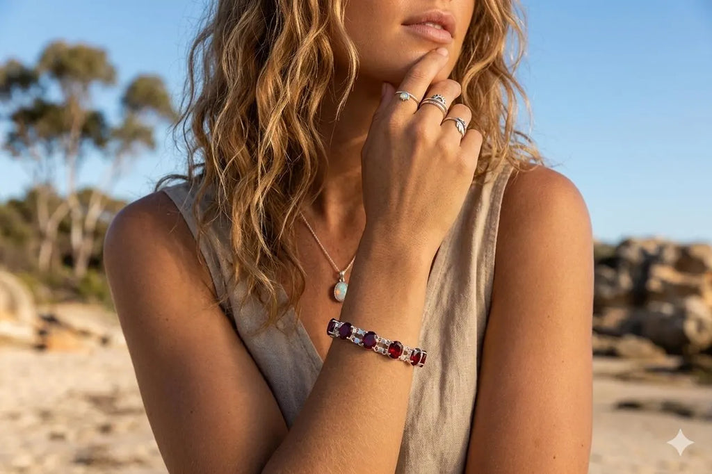 Handcrafted 925 Sterling Silver Bracelet with Red Gemstones | Premium Luxury Jewelry
