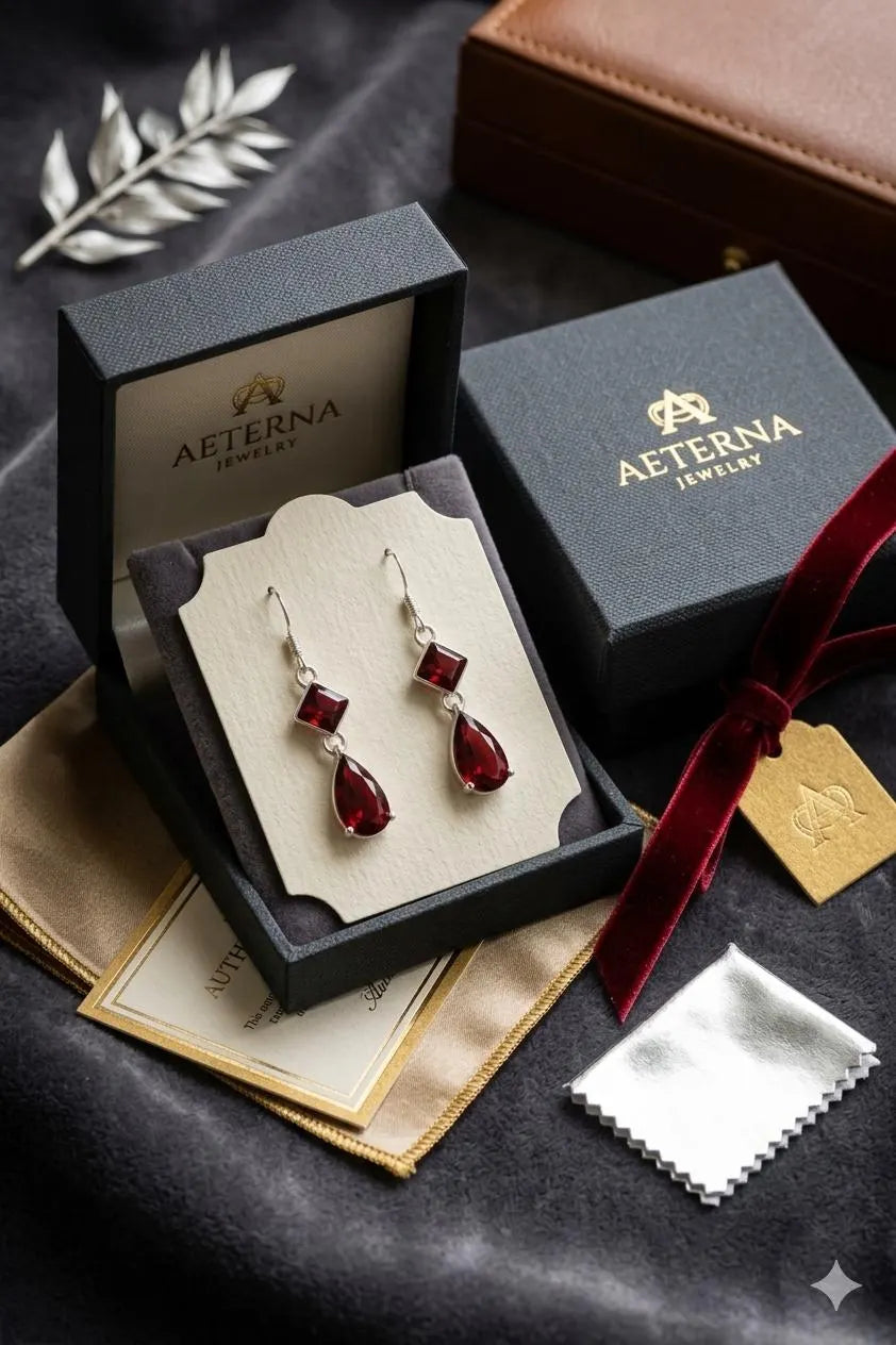 Garnet Drop Earrings, 925 Sterling Silver Dangle Earrings, January Birthstone Jewelry, Teardrop Gemstone Gift for Her, Handmade