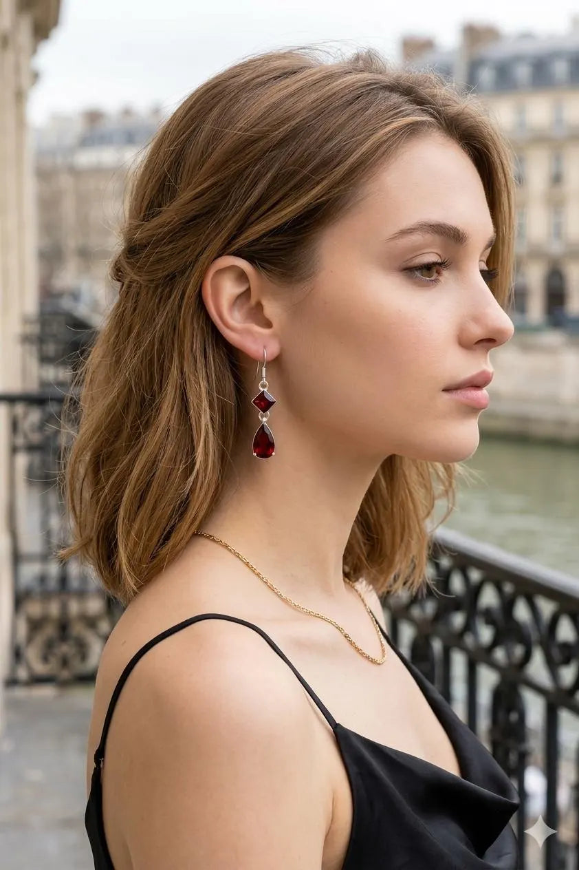 Garnet Drop Earrings, 925 Sterling Silver Dangle Earrings, January Birthstone Jewelry, Teardrop Gemstone Gift for Her, Handmade
