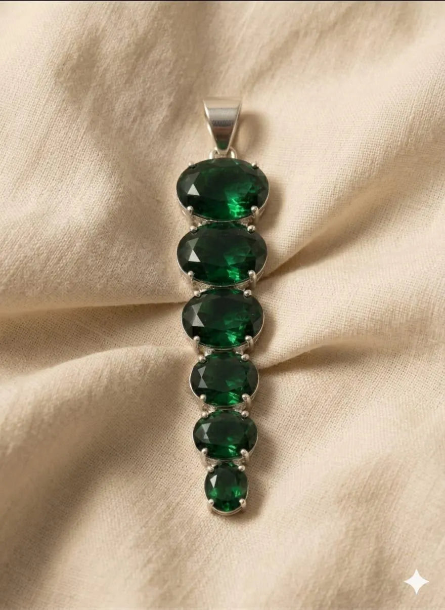 Premium Handcrafted Luxury 925 Sterling Silver Pendant with Graduated Deep Green Gemstones