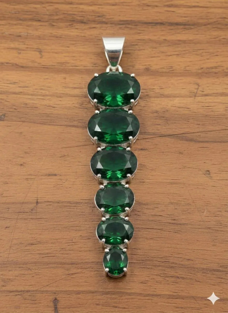 Premium Handcrafted Luxury 925 Sterling Silver Pendant with Graduated Deep Green Gemstones