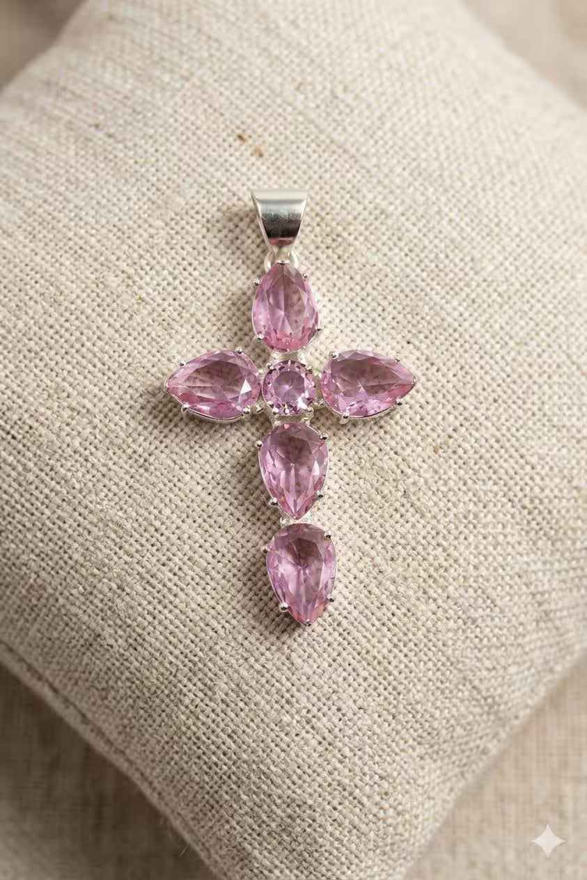 Handcrafted 925 Sterling Silver Pink Gemstone Cross Pendant | Premium Luxury Statement Jewelry
