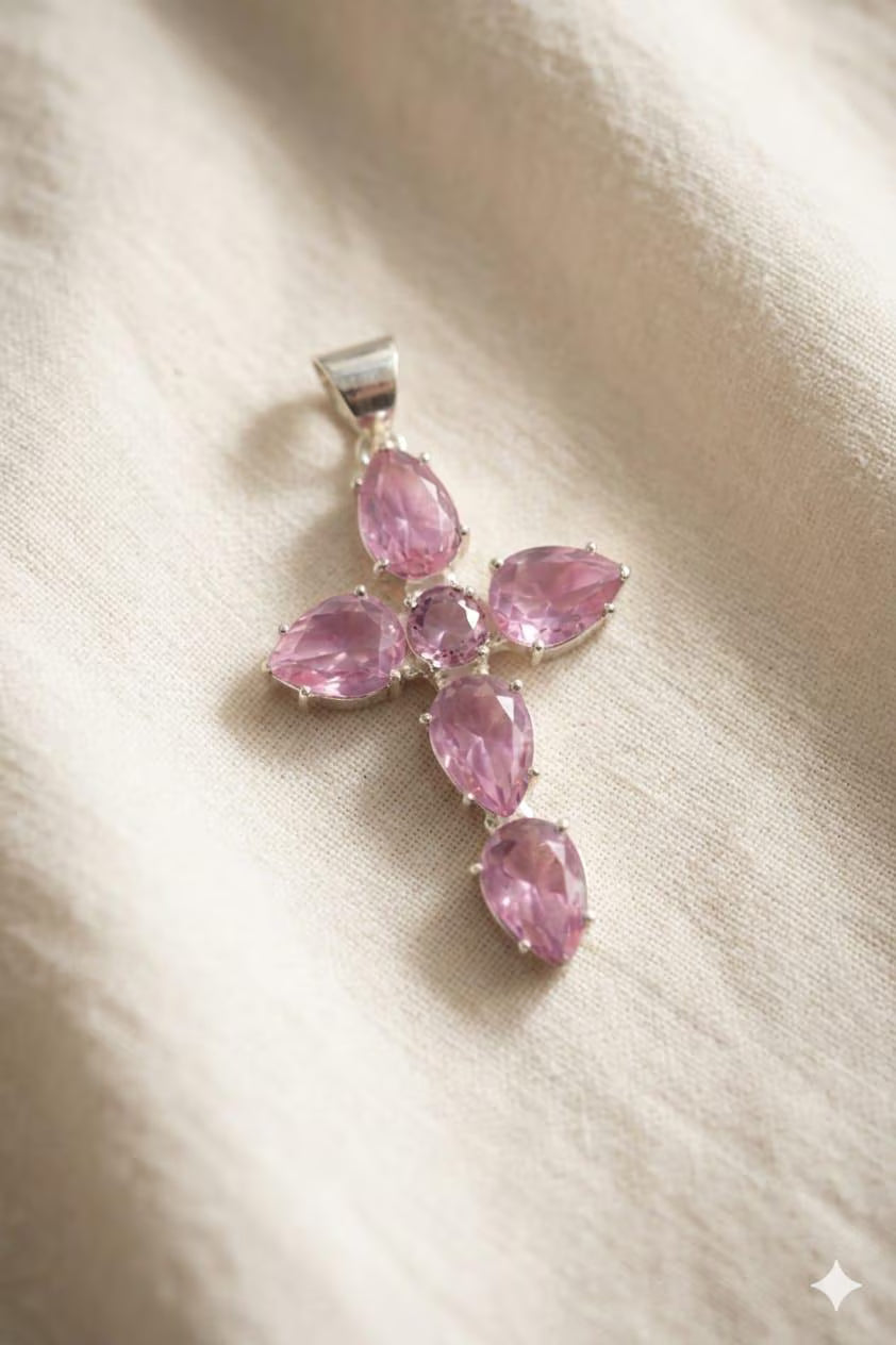 Handcrafted 925 Sterling Silver Pink Gemstone Cross Pendant | Premium Luxury Statement Jewelry