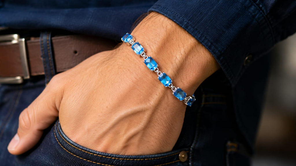 Premium Handcrafted Swiss Blue Topaz Bracelet, Genuine 925 Sterling Silver Bracelet, Emerald Cut Gemstone Tennis Bracelet, Luxury Gift for Her