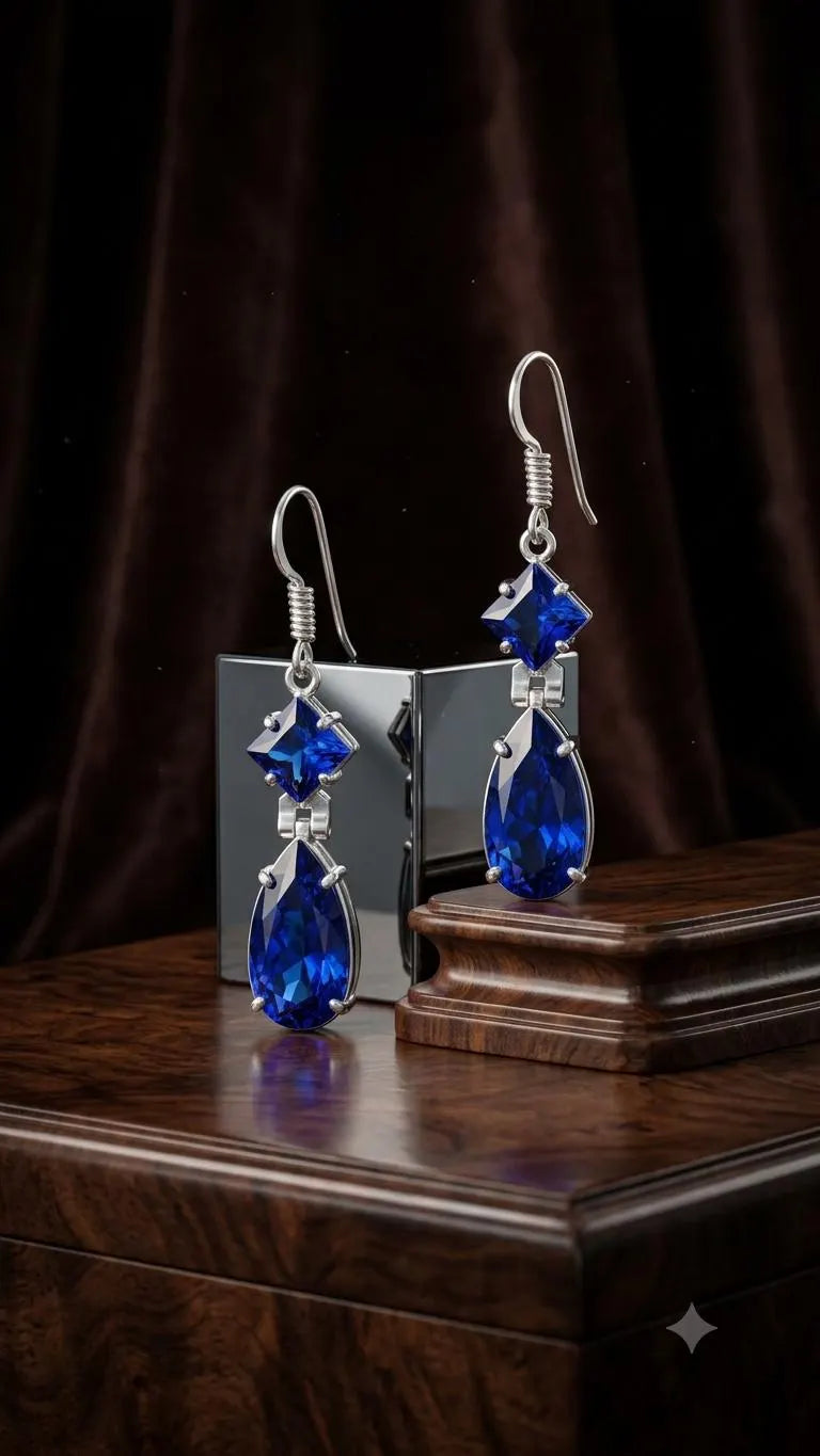 Handcrafted 925 Sterling Silver Blue Gemstone Drop Earrings – Elegant Teardrop Statement Jewelry