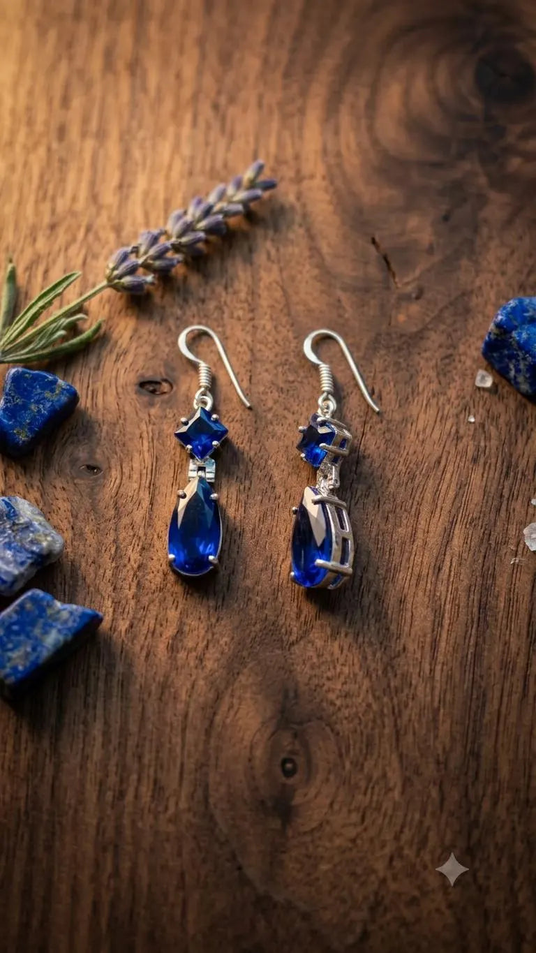Handcrafted 925 Sterling Silver Blue Gemstone Drop Earrings – Elegant Teardrop Statement Jewelry